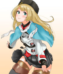 Rule 34 | alternate costume, belt, black skirt, blonde hair, blouse, blue eyes, closed mouth, cosplay, fur hat, gradient background, hat, highres, jacket, jervis (kancolle), kantai collection, long hair, long sleeves, looking at viewer, miniskirt, panties, papakha, red shirt, scarf, shirt, simple background, skirt, solo, tama (tamago), tashkent (kancolle), tashkent (kancolle) (cosplay), torn clothes, torn scarf, underwear, white panties, white scarf, wind, wind lift