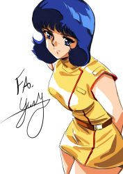 Rule 34 | 1980s (style), 1girl, arms behind back, blue eyes, blue hair, character name, commentary, english commentary, fa yuiry, gundam, highres, hinomars19, light smile, looking to the side, retro artstyle, retro artstyle, solo, white background, zeta gundam