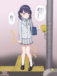 Rule 34 | 1girl, arm at side, artist name, bag, black footwear, black hair, black ribbon, blush, buttons, child, clenched hand, closed mouth, embarrassed, female focus, flat chest, flower hair ornament, fukumaru koito, full body, gradient background, grey jacket, grey shirt, grey skirt, half-closed eyes, hand up, have to pee, highres, idolmaster, idolmaster shiny colors, jacket, japanese text, long sleeves, medium hair, miniskirt, nannyou dojin, neck ribbon, outdoors, plaid, plaid skirt, pleated skirt, pocket, purple background, purple eyes, ribbon, school uniform, shirt, shoes, shoulder bag, signature, skirt, socks, solo, standing, sweat, tears, text focus, thought bubble, translation request, trembling, twintails, twitter username, utility pole, watermark, white socks