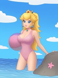 Rule 34 | 1girl, alternate costume, alternate hairstyle, arm support, ball, bare arms, bare legs, bare shoulders, beach, beachball, blonde hair, blue eyes, blue gemstone, breasts, choker, cleavage, closed mouth, cloud, collarbone, covered navel, crown, day, earrings, female focus, gem, hair flaps, highres, holding, holding ball, jewelry, large breasts, legs, lips, lipstick, long hair, looking at viewer, makeup, mario (series), neck, necklace, nintendo, ocean, one-piece swimsuit, outdoors, partially submerged, pink choker, pink lips, pink one-piece swimsuit, ponytail, princess peach, red gemstone, rock, rplatt, shiny clothes, sky, smile, standing, starfish, super mario bros. 1, swimsuit, water