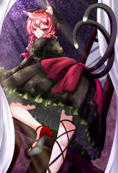 Rule 34 | 1girl, animal ears, aya-on (miria00), bow, braid, cat ears, cat tail, colored eyelashes, curtains, dress, fang, from behind, green dress, hair bow, high heels, highres, juliet sleeves, kaenbyou rin, kneepits, large bow, light rays, long sleeves, looking at viewer, looking back, multiple tails, nekomata, puffy sleeves, red eyes, red footwear, red hair, shoes, solo, tail, touhou, twin braids, two tails, window