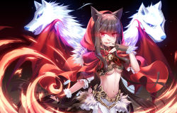 Rule 34 | animal ears, armor, black hair, breasts, cape, commentary request, crop top, demon wings, fang, faulds, fingernails, fire, fur trim, glowing, glowing eyes, gold trim, hand up, hood, hooded cape, kureha (666) (sound voltex), kureha (sound voltex), little red riding hood, long hair, looking at viewer, medium breasts, midriff, nail polish, navel, no bra, parted lips, red eyes, ryuji nogito, sharp fingernails, sound voltex, stomach, underboob, upper body, very long hair, wings, wolf, wolf ears