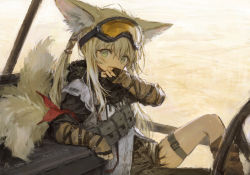 Rule 34 | 1girl, animal ears, arknights, asymmetrical legwear, asymmetrical pants, black scarf, buckle, denim, dirty, dirty face, elbow gloves, eyewear on head, fox ears, fox tail, gloves, goggles, goggles on head, green eyes, grey tunic, highres, jacket, jeans, knee up, looking at viewer, multiple tails, official alternate costume, pants, pouch, scarf, sho (sho lwlw), short hair with long locks, sitting, smile, solo, strap, suzuran (arknights), suzuran (lostlands flowering) (arknights), tactical clothes, tail, thigh strap, torn clothes, torn jacket, torn jeans, torn pants, tunic, uneven legwear, wiping mouth