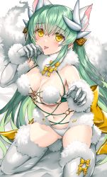 Rule 34 | 1girl, animal ears, bare shoulders, blush, bow, breasts, cleavage, cosplay, dragon girl, dragon horns, elbow gloves, fate/grand order, fate (series), fur-trimmed gloves, fur-trimmed legwear, fur collar, fur trim, gloves, green hair, hair ornament, highres, horns, kiyohime (fate), kneeling, lace, lace-trimmed legwear, lace trim, long hair, looking at viewer, mash kyrielight, mash kyrielight (dangerous beast), mash kyrielight (dangerous beast) (cosplay), medium breasts, morizono shiki, multiple horns, navel, o-ring, open mouth, revealing clothes, smile, solo, tail, thighhighs, thighs, white gloves, white thighhighs, wolf ears, wolf tail, yellow bow, yellow eyes