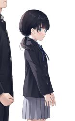 Rule 34 | 1boy, 1girl, black hair, blush, clenched hand, gakuran, green eyes, highres, jacket, long hair, looking at another, low twintails, na-ga, original, pleated skirt, school uniform, simple background, skirt, solo focus, twintails, white background