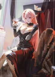 Rule 34 | 1girl, absurdres, azur lane, bare shoulders, black dress, blush, breasts, choker, cleavage, cross, cup, dated, detached sleeves, dress, drinking glass, duke of york (azur lane), fishnets, framed, highres, holding, holding cup, hxxg, indoors, large breasts, long hair, looking at viewer, parted lips, photo-referenced, pink eyes, pink hair, pointy ears, shadow, sitting, smile, solo, wine glass