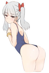 Rule 34 | 1girl, ass, bare arms, bare shoulders, bent over, blue one-piece swimsuit, bow, copyright request, cropped legs, female focus, from behind, grey hair, h2o (ddks2923), hair bow, kashima (kancolle), long hair, looking at viewer, looking back, one-piece swimsuit, orange scrunchie, red bow, red eyes, scrunchie, solo, standing, swimsuit, twintails, wedgie, wrist scrunchie