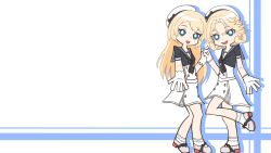 Rule 34 | 2girls, blonde hair, blue eyes, blue sailor collar, commentary request, daichi (daiti1318), dress, full body, gloves, hat, highres, holding hands, janus (kancolle), jervis (kancolle), kantai collection, looking at viewer, multiple girls, negative space, panty &amp; stocking with garterbelt, parody, sailor collar, sailor dress, sailor hat, short hair, standing, style parody, wallpaper, white dress, white gloves, white headwear