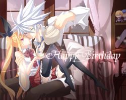 Rule 34 | &gt; &lt;, 1boy, 1girl, aqua eyes, arakune, arc system works, bad id, bad pixiv id, bare shoulders, beret, black thighhighs, blazblue, blazblue: calamity trigger, blonde hair, character doll, closed eyes, couch, cup, frills, gothic lolita, green eyes, hair ribbon, hakumen, hat, heterochromia, kisaragi jin, kito shinohara, lolita fashion, long hair, mask, necktie, necktie grab, neckwear grab, noel vermillion, open mouth, pants, pillow, pleated skirt, pouring, rachel alucard, ragna the bloodedge, red eyes, ribbon, short hair, sitting, sitting on lap, sitting on person, skirt, sword, teacup, teapot, thighhighs, twintails, very long hair, weapon, white hair, window