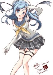 Rule 34 | 1girl, beret, blue eyes, blue hair, blush, breasts, commentary request, dated, double bun, elbow gloves, gloves, hair bun, hat, kantai collection, long hair, looking at viewer, medium breasts, michaelsch55, neckerchief, open mouth, pleated skirt, sailor hat, school uniform, serafuku, signature, skirt, sleeves rolled up, smile, solo, urakaze (kancolle), white gloves, white headwear, yellow neckerchief