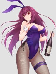 Rule 34 | 1girl, animal ears, bare shoulders, bottle, bow, bowtie, breasts, bridal garter, cleavage, closed mouth, collarbone, covered navel, cowboy shot, detached collar, fake animal ears, fate/grand order, fate (series), finger to mouth, fishnet pantyhose, fishnets, flower, hair between eyes, has bad revision, has cropped revision, highleg, highleg leotard, highres, hip focus, index finger raised, large breasts, leotard, long hair, looking at viewer, md5 mismatch, official alternate costume, pantyhose, playboy bunny, purple hair, purple leotard, rabbit ears, rabbit girl, red eyes, resolution mismatch, rose, sano jinya, scathach (fate), scathach (piercing bunny) (fate), smile, solo, source smaller, thighs, upper body, very long hair, wine bottle, wrist cuffs