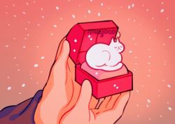 Rule 34 | animal focus, artist name, bad id, bad instagram id, cat, closed eyes, gradient background, jpeg artifacts, meyoco, no humans, original, pink background, marriage proposal, sparkle, undersized animal, white cat