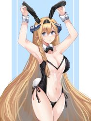 Rule 34 | 1girl, alternate costume, animal ears, arknights, armpits, arms up, bare arms, bare shoulders, black bow, black bowtie, black hairband, blonde hair, blue eyes, blue nails, blue sealad, blush, bow, bowtie, braid, breasts, cleavage, collarbone, commentary request, covered navel, cowboy shot, detached collar, fake animal ears, fake tail, hair between eyes, hair over shoulder, hairband, highres, horns, large breasts, leotard, long hair, looking at viewer, meme attire, nail polish, parted lips, playboy bunny, pointy ears, rabbit ears, rabbit tail, saileach (arknights), see-through, single braid, solo, standing, strapless, strapless leotard, tail, thighs, translucent bunnysuit, very long hair, wrist cuffs