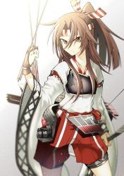 Rule 34 | 1girl, akane harurou, apron, arrow (projectile), blurry, bow (weapon), brown eyes, brown gloves, brown hair, closed mouth, collarbone, commentary request, depth of field, flight deck, gloves, grey background, hachimaki, hair between eyes, hakama, hakama pants, hakama shorts, headband, high ponytail, highres, holding, holding arrow, holding bow (weapon), holding weapon, japanese clothes, kantai collection, light brown hair, long hair, looking at viewer, machinery, muneate, pants, partially fingerless gloves, partly fingerless gloves, ponytail, quiver, rigging, shorts, single glove, smile, solo, standing, weapon, wide sleeves, yugake, zuihou (kancolle)