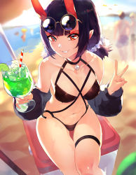 Rule 34 | 1girl, absurdres, bare shoulders, bikini, black bikini, blush, breasts, collarbone, cup, drinking glass, eyeliner, eyewear on head, fate/grand order, fate (series), grin, highres, horns, looking at viewer, low twintails, makeup, okoru ringo, oni, orange eyes, pointy ears, purple hair, short hair, short twintails, shuten douji (fate), skin-covered horns, small breasts, smile, sunglasses, sunglasses on head, swimsuit, twintails