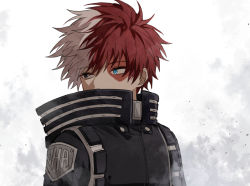 Rule 34 | 1boy, black jacket, blue eyes, boku no hero academia, boku no hero academia: world heroes&#039; mission, burn scar, coi mha, copyright name, covered mouth, grey background, grey eyes, heterochromia, high collar, jacket, looking away, looking to the side, male focus, multicolored hair, official alternate costume, red hair, scar, short hair, solo, todoroki shouto, two-tone hair, upper body, white hair