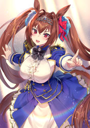 Rule 34 | 1girl, :d, animal ears, black bow, blue jacket, blue skirt, bow, breasts, brown hair, center frills, collared shirt, commentary request, daiwa scarlet (umamusume), epaulettes, frills, hair between eyes, hair bow, hair intakes, highres, horse ears, horse girl, horse tail, jacket, juliet sleeves, large breasts, long hair, long sleeves, looking at viewer, open mouth, outstretched arm, pleated skirt, pointing, puffy sleeves, red bow, red eyes, shirt, skirt, smile, solo, tail, tiara, twintails, umamusume, v-shaped eyebrows, very long hair, white shirt, yoshimoto (dear life)