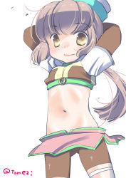 Rule 34 | 1girl, arms up, blush, brown shirt, brown shorts, brown skirt, closed mouth, commentary request, cowboy shot, crop top, flat chest, highres, hunter (ragnarok online), looking at viewer, midriff, miniskirt, navel, okosama lunch (sendan), ragnarok online, shirt, short shorts, shorts, shorts under skirt, simple background, skirt, smile, solo, white background