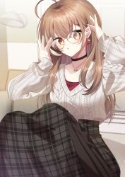 Rule 34 | 1girl, :o, adjusting eyewear, ahoge, berry, black choker, brown eyes, brown hair, brown skirt, choker, couch, earrings, food-themed earrings, glasses, highres, hololive, hololive english, jewelry, light, long hair, long skirt, looking at viewer, mnyang, multicolored hair, nanashi mumei, nanashi mumei (casual), necklace, official alternate costume, on couch, plaid, plaid skirt, red shirt, round eyewear, runes, shirt, sitting, skirt, sleeves past wrists, streaked hair, sweater, very long hair, virtual youtuber, white sweater