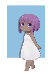 Rule 34 | 1girl, bare arms, bare shoulders, barefoot, blue background, blush, chibi, closed mouth, dark-skinned female, dark skin, dress, drop shadow, fate/prototype, fate/prototype: fragments of blue and silver, fate (series), hair between eyes, hassan of serenity (fate), highres, i.u.y, looking at viewer, purple eyes, purple hair, sidelocks, sleeveless, sleeveless dress, smile, solo, two-tone background, white background, white dress