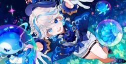 Rule 34 | 1girl, ascot, asymmetrical gloves, blue ascot, blue brooch, blue gemstone, blue jacket, dl mask, drop-shaped pupils, dutch angle, flower, from above, full body, furina (genshin impact), gem, genshin impact, gentilhomme usher, gloves, grey hair, hat, heterochromia, in bubble, jacket, kodona, leg up, lolita fashion, looking at viewer, mademoiselle crabaletta, mismatched gloves, mismatched pupils, multicolored hair, open mouth, short hair, shorts, solo, sparkle, standing, standing on one leg, streaked hair, surintendante chevalmarin, symbol-shaped pupils, teeth, thigh strap, top hat, upper teeth only, wavy hair, white shorts