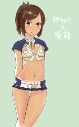 Rule 34 | 10s, 1girl, arms behind back, bad id, bad twitter id, breasts, brown eyes, brown hair, cleavage cutout, clothing cutout, cosplay, crop top, flat chest, i-401 (kancolle), kantai collection, looking at viewer, midriff, navel, ponytail, sailor collar, small breasts, smile, solo, stomach, tan, thigh gap, unryuu (kancolle), unryuu (kancolle) (cosplay)