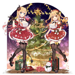 Rule 34 | 2girls, :d, ahoge, beret, black footwear, black gloves, black legwear, black wings, blonde hair, blue eyes, blush, boots, box, breasts, brown eyes, christmas, christmas tree, cleavage, commentary request, copyright notice, cross-laced footwear, demon girl, demon horns, demon tail, demon wings, detached sleeves, dress, flower, fur-trimmed dress, fur trim, garter straps, gift, gift box, gloves, gradient hair, hands up, hat, highres, holding, holding gift, hololive, horns, lace-up boots, large breasts, long hair, looking at viewer, merry christmas, multicolored hair, multiple girls, official art, open mouth, pleated dress, puffy short sleeves, puffy sleeves, red dress, red flower, red hair, red headwear, red sleeves, santa costume, short sleeves, sleeveless, sleeveless dress, smile, snowman, star (symbol), tail, taya oco, thighhighs, thighhighs under boots, two side up, very long hair, virtual youtuber, watermark, wing hair ornament, wings, yozora mel, yuzuki choco