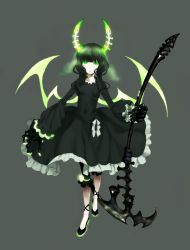 Rule 34 | 10s, 1girl, black dress, black hair, black rock shooter, claws, dead master, dress, frills, full body, glasses, glowing, glowing eyes, green eyes, grey background, highres, horns, kirisato itsuki, neon trim, scythe, shoes, simple background, solo, standing, veil, weapon, wings