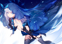 Rule 34 | 1girl, bare shoulders, bison cangshu, black gloves, black thighhighs, blue eyes, blue skirt, breasts, closed mouth, date a live, detached collar, elbow gloves, expressionless, from side, gloves, hand up, highres, long hair, looking at viewer, revealing clothes, skirt, small breasts, solo, thighhighs, tobiichi origami, two-tone background, veil, very long hair, white background, white hair