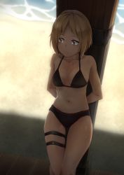 Rule 34 | 1girl, absurdres, beach, bikini, black bikini, blonde hair, blush, breasts, brown eyes, cleavage, closed mouth, commentary request, day, expressionless, girls&#039; frontline, highres, looking away, medium breasts, mp40 (girls&#039; frontline), navel, ocean, shadow, shore, short hair, solo, standing, sweat, swimsuit, tan, tanline, thighs, triangle bullet, water