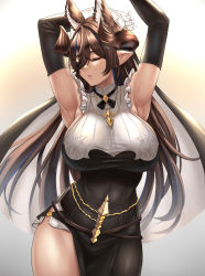 Rule 34 | 1girl, absurdres, animal ears, armpits, arms up, black dress, black ribbon, blue hair, breasts, brown hair, closed eyes, cowboy shot, detached sleeves, dress, extra ears, eyelashes, facing to the side, frills, galleon (granblue fantasy), gloves, gradient background, granblue fantasy, grey background, hair over one eye, headgear, highres, horns, jewelry, large breasts, long hair, multicolored hair, neck ribbon, necklace, parted lips, pendant, pointy ears, ribbon, side slit, skin tight, solo, stmoon, streaked hair, thighs, veil, very long hair, white gloves