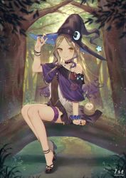 Rule 34 | 1girl, black footwear, black hat, black skirt, blonde hair, collarbone, covered navel, forest, full body, gradient hair, hat, high heels, highres, indoors, jewelry, long hair, looking at viewer, miniskirt, multicolored hair, nail polish, nature, original, pumps, purple hair, purple nails, ring, sitting, skirt, solo, thigh strap, very long hair, wenz, witch hat