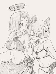 Rule 34 | 10s, 2girls, bikini, biting, blush, breasts, cleavage, closed eyes, eyepatch, female focus, food, greyscale, groin, hair ornament, halo, headgear, ice cream, kanako (gentsuki), kantai collection, large breasts, looking at another, mechanical halo, midriff, monochrome, multiple girls, navel, necktie, open mouth, short hair, simple background, swimsuit, tatsuta (kancolle), tenryuu (kancolle), white background, yuri