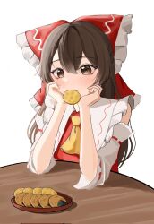 Rule 34 | 1girl, ascot, bow, brown eyes, brown hair, cookie, detached sleeves, food, food in mouth, hair bow, hakurei reimu, hands on own chin, head rest, highres, long hair, red bow, red shirt, shirt, sleeveless, sleeveless shirt, solo, table, temmie (temi maru), touhou, white background, yellow ascot