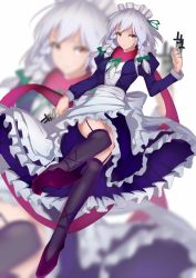 Rule 34 | 1girl, between fingers, black thighhighs, blue dress, braid, curiosities of lotus asia, dress, full body, garter straps, hair ribbon, holding, holding knife, izayoi sakuya, kameponde, knife, knives between fingers, long sleeves, looking at viewer, maid headdress, puffy long sleeves, puffy sleeves, red eyes, red scarf, ribbon, scarf, short hair, solo, thighhighs, touhou, tress ribbon, twin braids, zoom layer