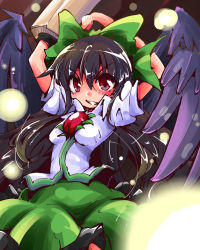 Rule 34 | 1girl, arm cannon, arms up, black hair, bow, hair bow, highres, light particles, long hair, red eyes, reiuji utsuho, shinapuu, sketch, skirt, solo, third eye, touhou, weapon, wings