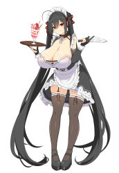 Rule 34 | 1girl, :q, absurdly long hair, absurdres, ahoge, alternate costume, apron, azur lane, bare shoulders, black gloves, black hair, breasts, brown thighhighs, chain, chixiao, cleavage, collar, commentary request, crossed bangs, elbow gloves, enmaided, frilled apron, frills, full body, garter straps, gloves, head tilt, highres, holding, holding knife, holding tray, huge breasts, kitchen knife, knife, leaning forward, long hair, looking at viewer, maid, maid headdress, partially fingerless gloves, red eyes, simple background, smile, solo, standing, taihou (azur lane), thighhighs, tongue, tongue out, tray, twintails, unfinished, very long hair, waist apron, white apron, white background, wrist cuffs