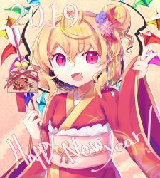 Rule 34 | 1girl, 2019, absurdres, alternate costume, alternate hairstyle, arms up, arrow (projectile), bell, blonde hair, boar, commentary request, ema, english text, fang, flandre scarlet, flower, gunjou row, hair between eyes, hair bun, hair flower, hair ornament, hamaya, happy new year, highres, japanese clothes, jingle bell, kimono, looking at viewer, new year, obi, open mouth, pink background, red eyes, red kimono, ribbon, sash, simple background, single hair bun, slit pupils, solo, touhou, v, wide sleeves, wings