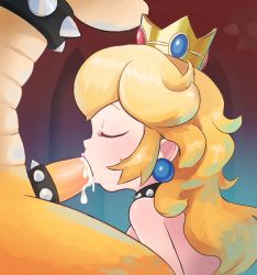 Rule 34 | 1boy, 1girl, aardcase, blonde hair, blush, bowser, breasts, closed eyes, cock ring, collar, crown, cum, cum in mouth, earrings, erection, eyebrows, fellatio, from side, furry, hetero, highres, indoors, interspecies, jewelry, light blush, lips, long hair, mario (series), nintendo, nude, oral, penis, pink lips, princess peach, profile, sex toy, shiny skin, solo focus, spiked cock ring, spiked collar, spikes, uncensored, upper body, veins, veiny penis