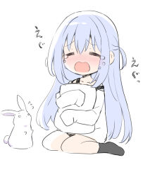 Rule 34 | 1girl, = =, absurdres, animal ears, black socks, blue hair, blush, chibi, closed eyes, commentary request, crying, double-parted bangs, flying sweatdrops, hair between eyes, highres, long hair, no shoes, nose blush, hugging object, off shoulder, open mouth, original, pillow, pillow hug, rabbit ears, sad, simple background, sitting, sleeves past fingers, sleeves past wrists, socks, solo, tears, two side up, utsunomiya tsumire, very long hair, wariza, wavy mouth, white background, yuki (utsumire)