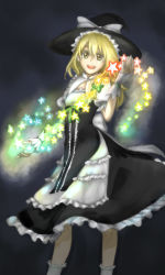 Rule 34 | 1girl, blonde hair, bow, chigo (borderless), cleavage cutout, clothing cutout, curiosities of lotus asia, female focus, frills, hair bow, hat, hat bow, kirisame marisa, magic, open mouth, simple background, solo, star (symbol), touhou, witch, witch hat, wrist cuffs, yellow eyes