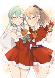 Rule 34 | 10s, 2girls, aqua hair, bell, belt, blush, bow, brown hair, capelet, commentary request, ascot, detached collar, detached sleeves, closed eyes, fur-trimmed capelet, fur trim, gift bag, gloves, grin, kantai collection, kumano (kancolle), long hair, multiple girls, pom pom (clothes), ponytail, santa costume, smile, sparkle, suzuya (kancolle), ume (plumblossom), white background