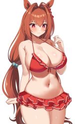 Rule 34 | 1girl, animal ears, antenna hair, arm at side, bikini, bikini skirt, blush, breasts, brown hair, cleavage, commentary request, curvy, daiwa scarlet (trifle vacation) (umamusume), daiwa scarlet (umamusume), embarrassed, frilled bikini, frills, front-tie bikini top, front-tie top, hair bobbles, hair intakes, hair ornament, halterneck, horse ears, horse girl, horse tail, large breasts, long hair, looking down, low twintails, narrow waist, navel, official alternate costume, red bikini, red eyes, solo, stomach, string bikini, swimsuit, tail, twintails, umamusume, very long hair, zukanosuke