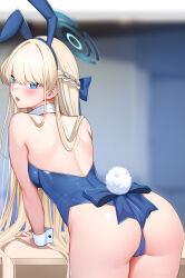 Rule 34 | 1girl, animal ears, ass, bare shoulders, blonde hair, blue archive, blue bow, blue eyes, blue hairband, blue leotard, bow, braid, breasts, commentary, english commentary, entogman, fake animal ears, from behind, hairband, highleg, highleg leotard, highres, leaning forward, leotard, long hair, looking at viewer, medium breasts, official alternate costume, official alternate hairstyle, playboy bunny, rabbit ears, solo, thighs, toki (blue archive), toki (bunny) (blue archive), very long hair