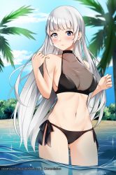 Rule 34 | 1girl, bare arms, beach, bikini, black bikini, blue eyes, blush, breasts, cleavage, cowboy shot, day, gluteal fold, grey eyes, heterochromia, highres, large breasts, long hair, looking at viewer, navel, okamired, original, outdoors, palm tree, partially submerged, partially underwater shot, plant, side-tie bikini bottom, solo, swimsuit, tree, very long hair