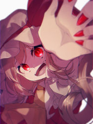 Rule 34 | 1girl, :d, ascot, blonde hair, blouse, blurry, collared shirt, commentary, depth of field, fingernails, flandre scarlet, foreshortening, frilled shirt collar, frills, hat, hat ribbon, head tilt, highres, kotsubunatto2525, long hair, looking at viewer, mob cap, nail polish, open mouth, puffy short sleeves, puffy sleeves, reaching, reaching towards viewer, red eyes, red nails, red ribbon, red vest, ribbon, shirt, short sleeves, smile, solo, teeth, touhou, upper body, vest, white hat, white shirt, yellow ascot