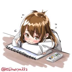 Rule 34 | 1girl, alternate hairstyle, brown eyes, brown hair, commentary request, ebifurya, flying sweatdrops, hair down, hair ornament, hairclip, highres, inazuma (kancolle), kantai collection, long hair, looking at viewer, pastels, school uniform, serafuku, simple background, sketchbook, solo, twitter username, white background