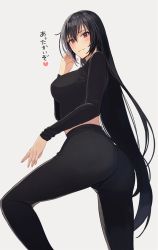 Rule 34 | 1girl, alternate costume, ass, black hair, black pants, black shirt, blush, breasts, grey background, hair between eyes, heart, highres, kantai collection, kasumi (skchkko), large breasts, long hair, long sleeves, looking at viewer, nagato (kancolle), pants, red eyes, shirt, simple background, smile, solo, translated, very long hair