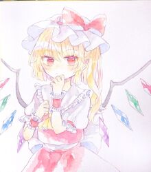 Rule 34 | 1girl, ascot, bat wings, blonde hair, crystal, flandre scarlet, hat, hat ribbon, hiyuu (hiyualice), mob cap, multicolored wings, one side up, puffy short sleeves, puffy sleeves, red eyes, red skirt, red vest, ribbon, short sleeves, side ponytail, skirt, skirt set, solo, touhou, traditional media, upper body, vest, white hat, wings, yellow ascot