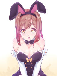 Rule 34 | 1girl, :o, animal ears, arm cuffs, black bow, black bowtie, black leotard, bow, bowtie, breasts, brown hair, buttons, cleavage, detached collar, double-breasted, elbow gloves, fake animal ears, gloves, highres, kanabun, kunikida hanamaru, large breasts, leotard, looking at viewer, love live!, love live! sunshine!!, playboy bunny, rabbit ears, solo, strapless, strapless leotard, upper body, white background, white gloves, yellow bow, yellow bowtie, yellow eyes